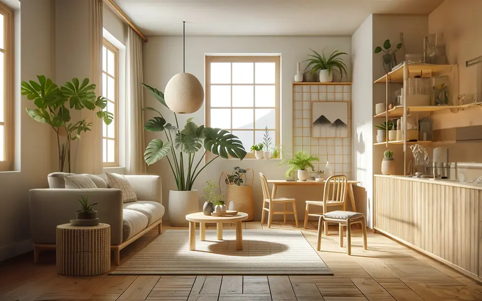 Appartement style japandi avec pleins de plantes