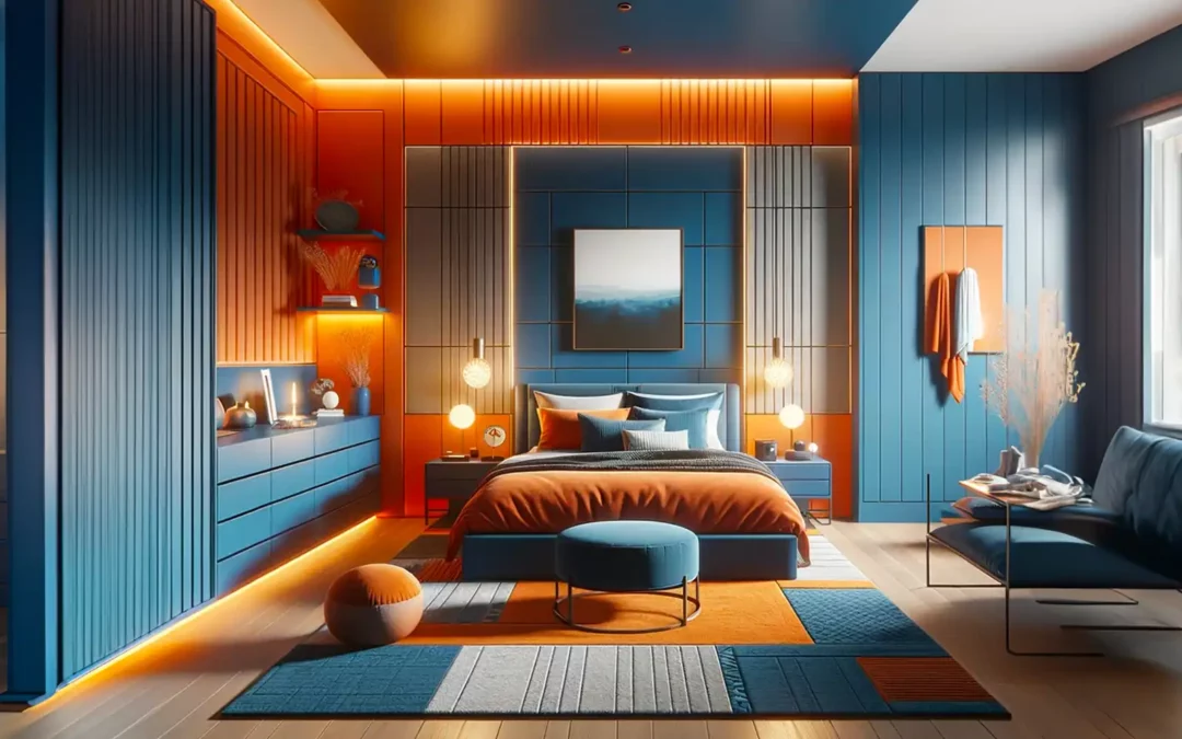 Intérieur chambre originale orange et bleu canard